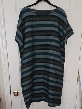 Eileen Fisher Linen Teal, Black & Olive Striped Short-Sleeve Dress